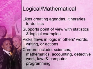 Logical/Mathematical
Likes creating agendas, itineraries,
  to-do lists
Supports point of view with statistics
  & logical examples
Picks flaws in logic in others' words,
  writing, or actions
Careers include: sciences,
  mathematics, accounting, detective
  work, law, & computer
  programming
 