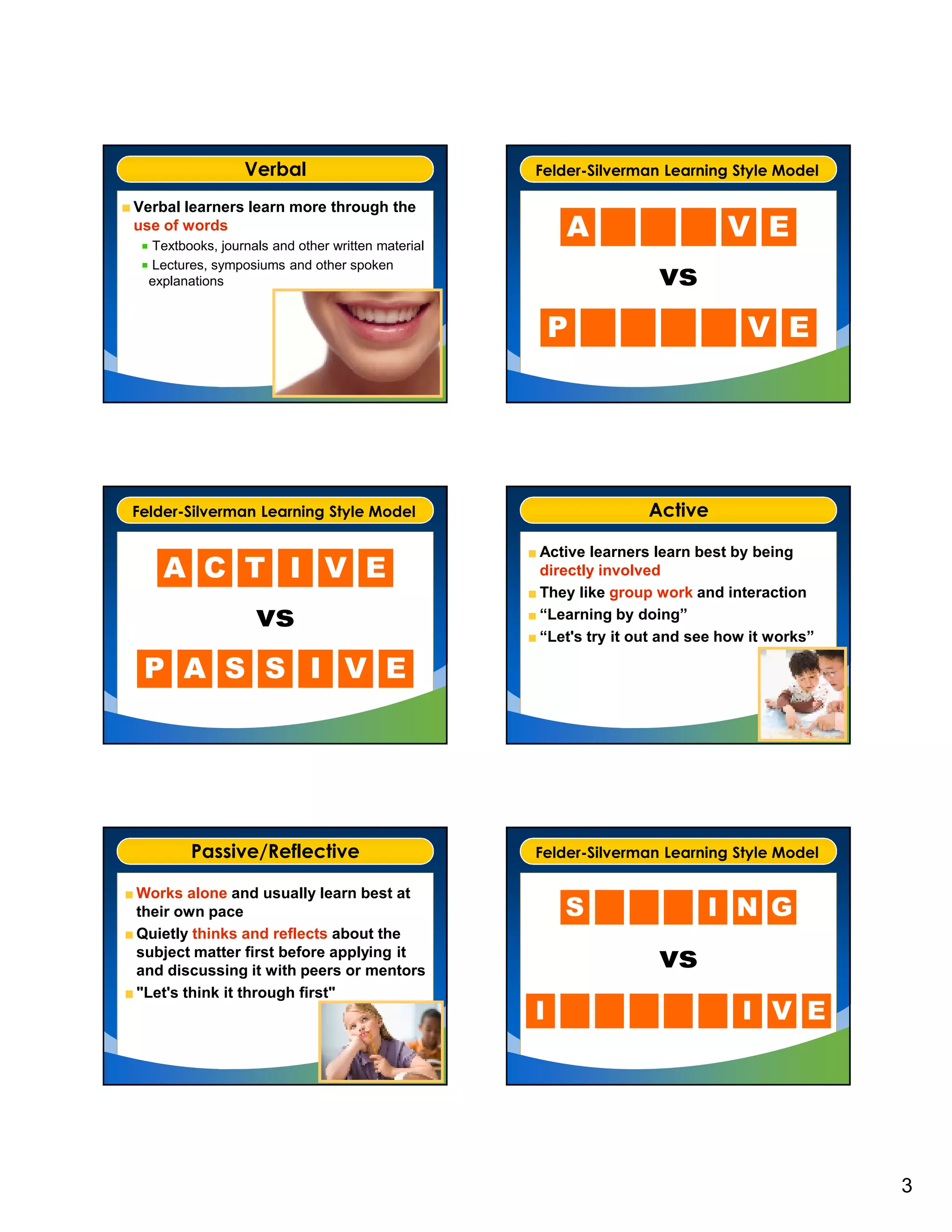 Verbal                            Felder-Silverman Learning Style Model

Verbal learners learn more through the
use of words
  Textbooks, journals and other written material
                                                       A                     V E
  Lectures, symposiums and other spoken
  explanations                                                     vs
                                                       P                        V E




Felder-Silverman Learning Style Model                             Active

                                                   Active learners learn best by being
    A C T I V E                                    directly involved
                                                   They like group work and interaction
                   vs                              “Learning by doing”
                                                   “Let's try it out and see how it works”

 P A S S I V E




         Passive/Reflective                        Felder-Silverman Learning Style Model

Works alone and usually learn best at
their own pace                                         S                  I N G
Quietly thinks and reflects about the
subject matter first before applying it
and discussing it with peers or mentors
                                                                   vs
"Let's think it through first"
                                                   I                           I V E




                                                                                             3
 
