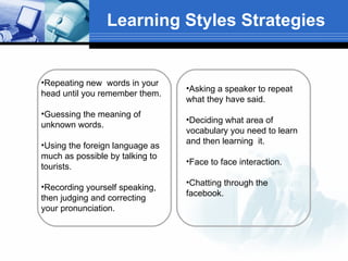 Learning Styles Strategies


•Repeating new words in your
                                 •Asking a speaker to repeat
                                 Read/           Kines-
head until you remember them.
    Visual          Aural        what they have said.
                                 Write           thetic
•Guessing the meaning of
                                 •Deciding what area of
unknown words.
                                 vocabulary you need to learn
•Using the foreign language as   and then learning it.
much as possible by talking to
                                 •Face to face interaction.
tourists.
                                 •Chatting through the
•Recording yourself speaking,
                                 facebook.
then judging and correcting
your pronunciation.
 