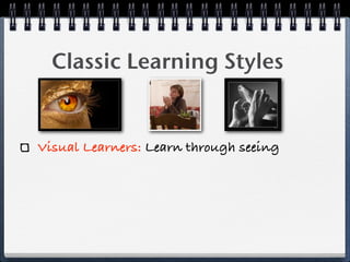 Classic Learning Styles


Visual Learners: Learn through seeing
 