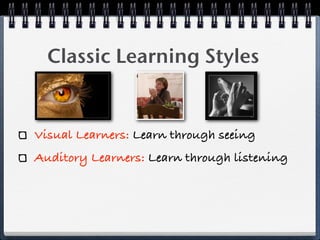 Classic Learning Styles


Visual Learners: Learn through seeing
Auditory Learners: Learn through listening
 