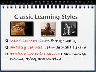 Classic Learning Styles


Visual Learners: Learn through seeing
Auditory Learners: Learn through listening
Tactile/Kinesthetic Learners: Learn through
moving, doing, and touching
 