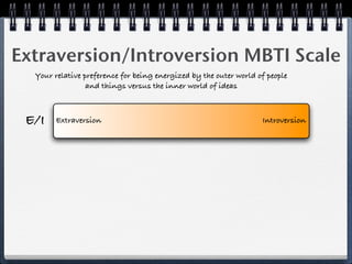 Extraversion/Introversion MBTI Scale
  Your relative preference for being energized by the outer world of people
                 and things versus the inner world of ideas



 E/I    Extraversion                                               Introversion
 