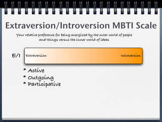 Extraversion/Introversion MBTI Scale
  Your relative preference for being energized by the outer world of people
                 and things versus the inner world of ideas



 E/I    Extraversion                                               Introversion



       * Active
       * Outgoing
       * Participative
 