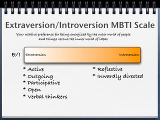Extraversion/Introversion MBTI Scale
  Your relative preference for being energized by the outer world of people
                 and things versus the inner world of ideas



 E/I    Extraversion                                               Introversion



       * Active                                   * Reflective
       * Outgoing                                 * Inwardly directed
       * Participative
       * Open
       * Verbal thinkers
 