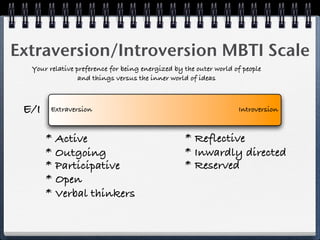 Extraversion/Introversion MBTI Scale
  Your relative preference for being energized by the outer world of people
                 and things versus the inner world of ideas



 E/I    Extraversion                                               Introversion



       * Active                                   * Reflective
       * Outgoing                                 * Inwardly directed
       * Participative                            * Reserved
       * Open
       * Verbal thinkers
 