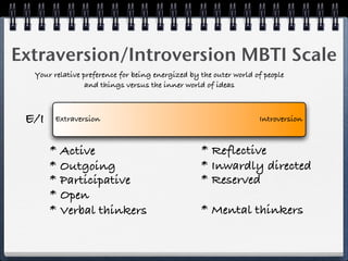 Extraversion/Introversion MBTI Scale
  Your relative preference for being energized by the outer world of people
                 and things versus the inner world of ideas



 E/I    Extraversion                                               Introversion



       * Active                                   * Reflective
       * Outgoing                                 * Inwardly directed
       * Participative                            * Reserved
       * Open
       * Verbal thinkers                          * Mental thinkers
 