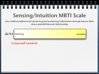 Sensing/Intuition MBTI Scale
Your relative preference for perceiving and processing information through known facts
                           versus possibilities and relationships



S/N      Sensing                                                     Intuition



      Oriented toward:
 