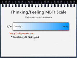 Thinking/Feeling MBTI Scale
                 The way you arrive at conclusions




T/F   Thinking                                       Feeling


 Base judgments on:
  * Impersonal analysis
 