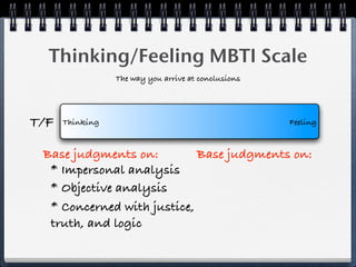 Thinking/Feeling MBTI Scale
                 The way you arrive at conclusions




T/F   Thinking                                       Feeling


 Base judgments on:         Base judgments on:
  * Impersonal analysis
  * Objective analysis
  * Concerned with justice,
  truth, and logic
 