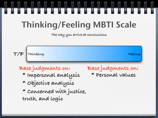 Thinking/Feeling MBTI Scale
                 The way you arrive at conclusions




T/F   Thinking                                       Feeling


 Base judgments on:         Base judgments on:
  * Impersonal analysis      * Personal values
  * Objective analysis
  * Concerned with justice,
  truth, and logic
 