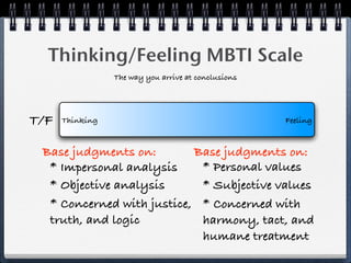 Thinking/Feeling MBTI Scale
                 The way you arrive at conclusions




T/F   Thinking                                       Feeling


 Base judgments on:        Base judgments on:
  * Impersonal analysis     * Personal values
  * Objective analysis      * Subjective values
  * Concerned with justice, * Concerned with
  truth, and logic          harmony, tact, and
                            humane treatment
 