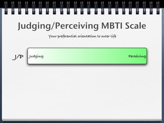 Judging/Perceiving MBTI Scale
                Your preferential orientation to outer life




J/P   Judging                                                 Perceiving
 