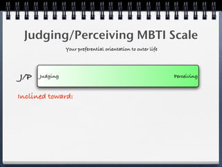 Judging/Perceiving MBTI Scale
                Your preferential orientation to outer life




J/P   Judging                                                 Perceiving


Inclined toward:
 