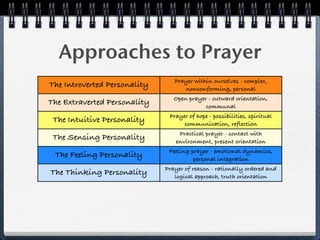 Approaches to Prayer
                                 Prayer within ourselves - complex,
The Introverted Personality         nonconforming, personal
                                 Open prayer - outward orientation,
The Extraverted Personality                 communal
                               Prayer of hope - possibilities, spiritual
 The Intuitive Personality          communication, reflection
                                  Practical prayer - contact with
 The Sensing Personality         environment, present orientation
                               Feeling prayer - emotional dynamics,
 The Feeling Personality                personal integration
                              Prayer of reason - rationally ordered and
The Thinking Personality         logical approach, truth orientation
                                 Orderly prayer - little ambiguity,
 