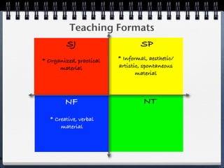 Teaching Formats
             SJ                       SP
    * Organized, practical   * Informal, aesthetic/
          material           artistic, spontaneous
                                    material



            NF                         NT
      * Creative, verbal
          material




P
 