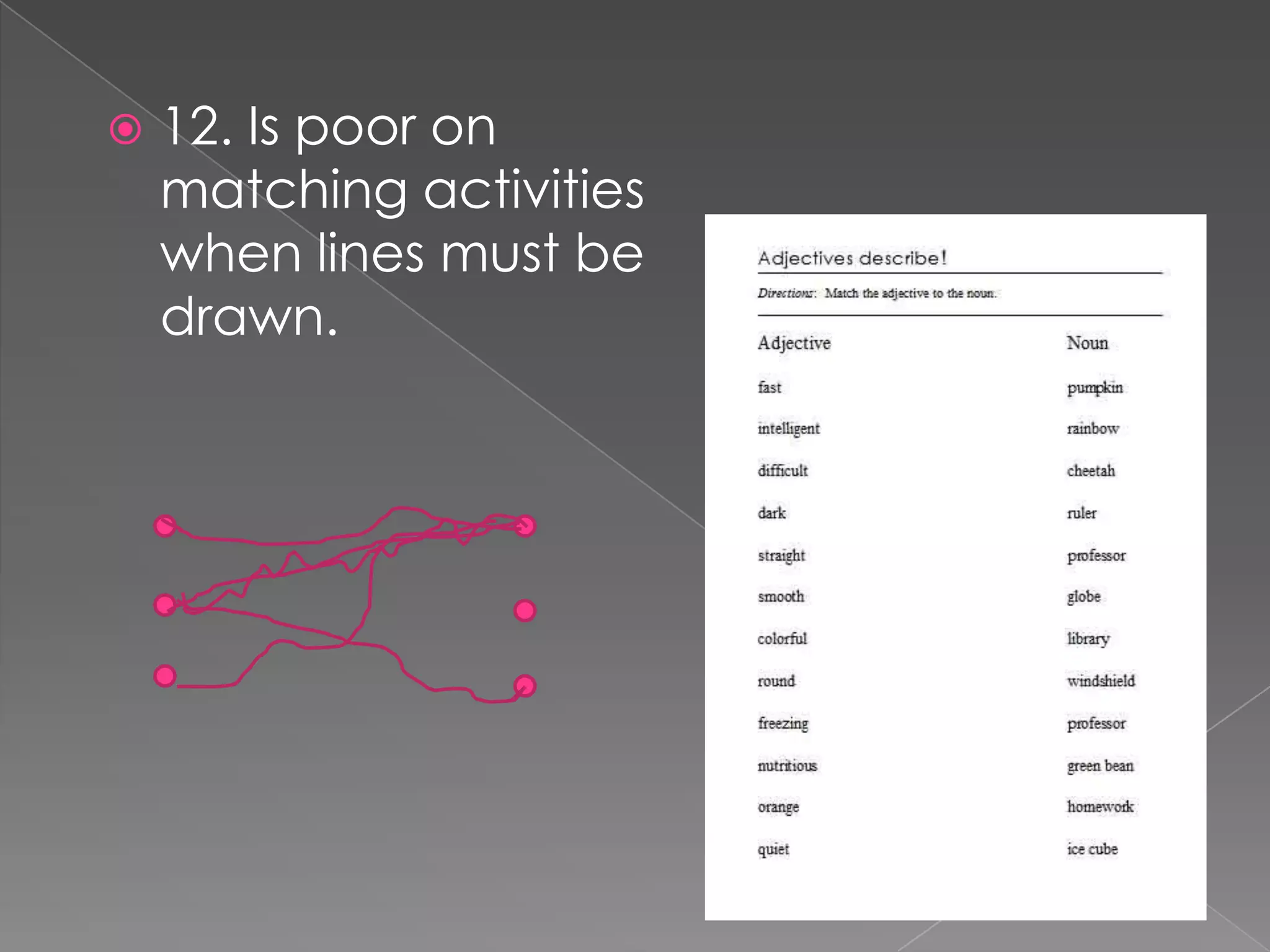    12. Is poor on
    matching activities
    when lines must be
    drawn.
 