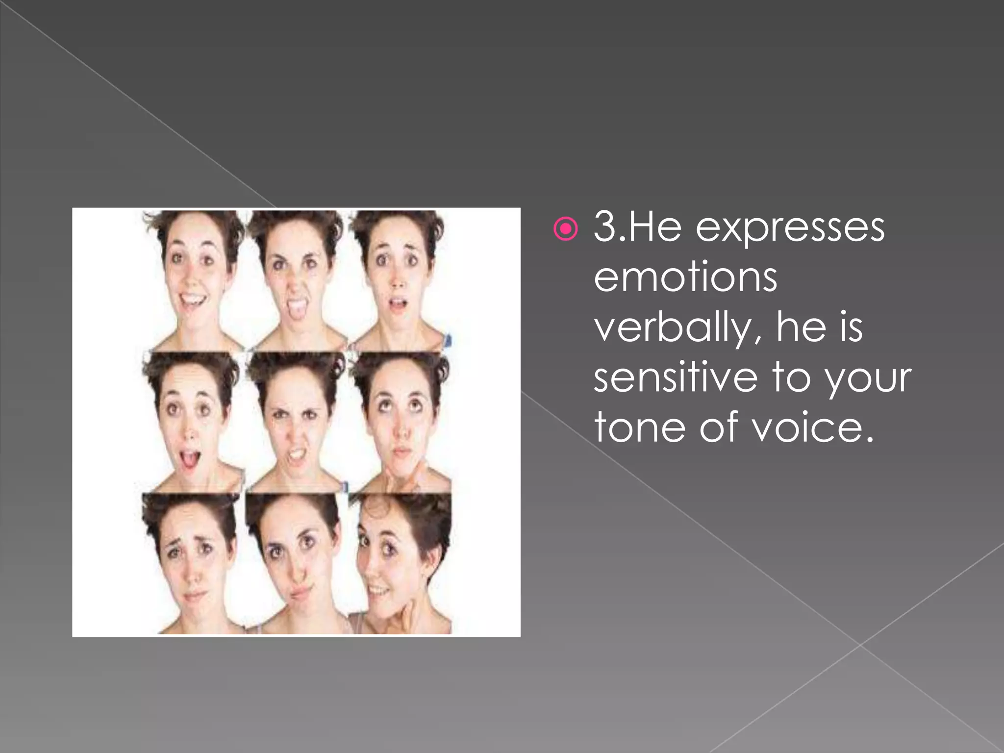    3.He expresses
    emotions
    verbally, he is
    sensitive to your
    tone of voice.
 