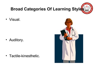 Broad Categories Of Learning Styles
• Visual.
• Auditory.
• Tactile-kinesthetic.
 