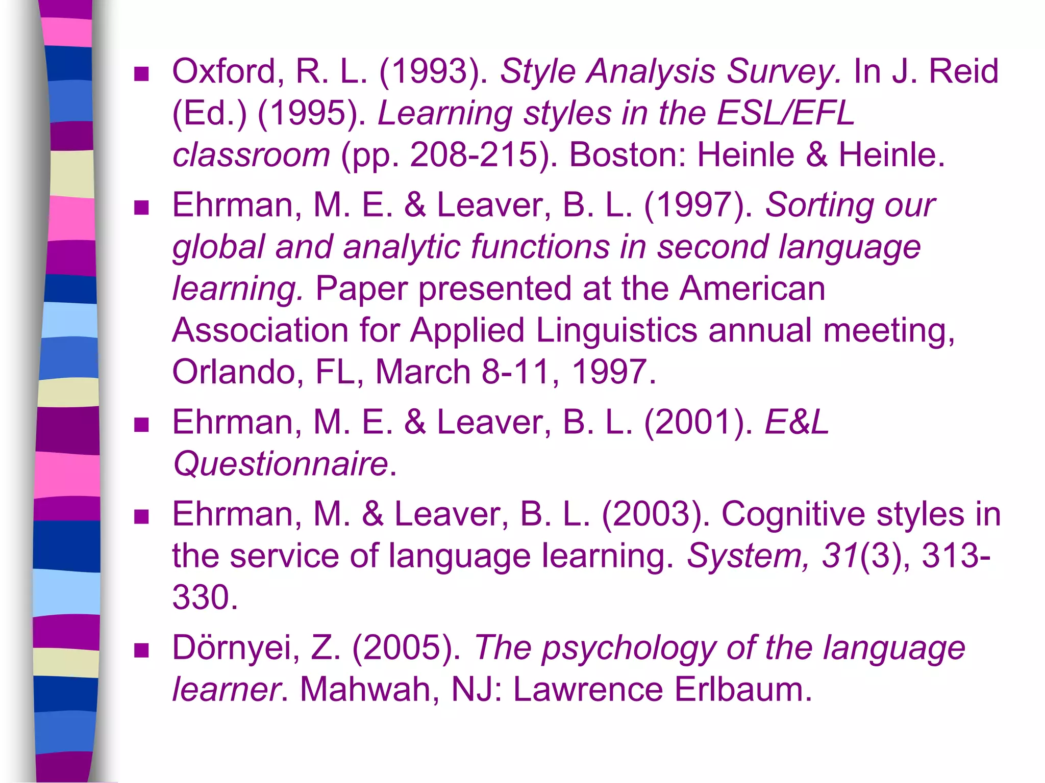  Oxford, R. L. (1993). Style Analysis Survey. In J. Reid
(Ed.) (1995). Learning styles in the ESL/EFL
classroom (pp. 208-215). Boston: Heinle & Heinle.
 Ehrman, M. E. & Leaver, B. L. (1997). Sorting our
global and analytic functions in second language
learning. Paper presented at the American
Association for Applied Linguistics annual meeting,
Orlando, FL, March 8-11, 1997.
 Ehrman, M. E. & Leaver, B. L. (2001). E&L
Questionnaire.
 Ehrman, M. & Leaver, B. L. (2003). Cognitive styles in
the service of language learning. System, 31(3), 313-
330.
 Dörnyei, Z. (2005). The psychology of the language
learner. Mahwah, NJ: Lawrence Erlbaum.
 