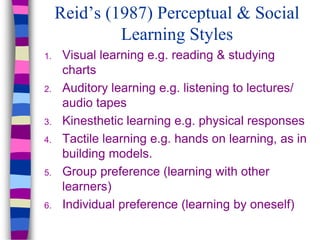 Reid’s (1987) Perceptual & Social
Learning Styles
1. Visual learning e.g. reading & studying
charts
2. Auditory learning e.g. listening to lectures/
audio tapes
3. Kinesthetic learning e.g. physical responses
4. Tactile learning e.g. hands on learning, as in
building models.
5. Group preference (learning with other
learners)
6. Individual preference (learning by oneself)
 