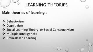 LEARNING THEORIES
Main theories of learning :
 Behaviorism
 Cognitivism
 Social Learning Theory or Social Constructivism
 Multiple Intelligences
 Brain-Based Learning
14
 