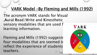 VARK Model –By Fleming and Mills (1992)
The acronym VARK stands for Visual
,Aural Read/Write and Kinesthetic
sensory modalities that are used for
learning information.
Fleming and Mills (1992) suggested
four modalities that are seemed to
reflect the experience of students and
teachers.
24
 