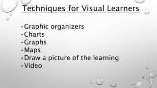 Techniques for Visual Learners
•Graphic organizers
•Charts
•Graphs
•Maps
•Draw a picture of the learning
•Video
26
 
