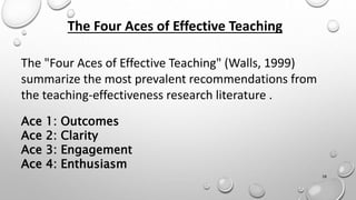 The Four Aces of Effective Teaching
The "Four Aces of Effective Teaching" (Walls, 1999)
summarize the most prevalent recommendations from
the teaching-effectiveness research literature .
Ace 1: Outcomes
Ace 2: Clarity
Ace 3: Engagement
Ace 4: Enthusiasm
38
 