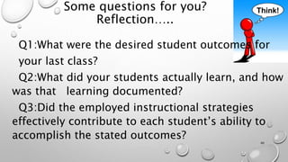 Some questions for you?
Reflection…..
Q1:What were the desired student outcomes for
your last class?
Q2:What did your students actually learn, and how
was that learning documented?
Q3:Did the employed instructional strategies
effectively contribute to each student’s ability to
accomplish the stated outcomes? 40
 
