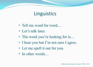 Linguistics

•   Tell me word for word…
•   Let’s talk later.
•   The word you’re looking for is…
•   I hear you but I’m not sure I agree.
•   Let me spell it out for you.
•   In other words…

                             Holland Codes Resource Center © 2002 - 2012
 