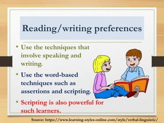 Reading/writing preferences
• Use the techniques that
involve speaking and
writing.
• Use the word-based
techniques such as
assertions and scripting.
• Scripting is also powerful for
such learners.
Source: https://www.learning-styles-online.com/style/verbal-linguistic/
 
