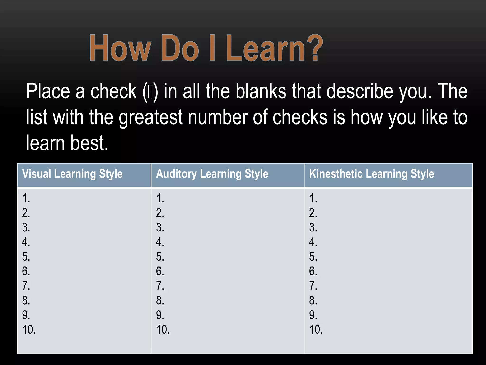 Place a check ( ) in all the blanks that describe you. The
list with the greatest number of checks is how you like to
learn best.
Visual Learning Style Auditory Learning Style Kinesthetic Learning Style
1.
2.
3.
4.
5.
6.
7.
8.
9.
10.
1.
2.
3.
4.
5.
6.
7.
8.
9.
10.
1.
2.
3.
4.
5.
6.
7.
8.
9.
10.
 