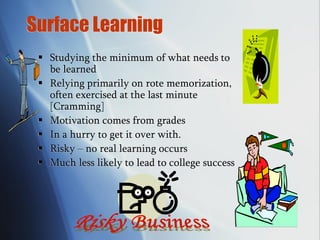 Surface Learning
 Studying the minimum of what needs to
be learned
 Relying primarily on rote memorization,
often exercised at the last minute
[Cramming]
 Motivation comes from grades
 In a hurry to get it over with.
 Risky – no real learning occurs
 Much less likely to lead to college success
 