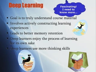 Deep Learning
 Goal is to truly understand course material
 Involves actively constructing learning
experiences
 Leads to better memory retention
 Deep learners enjoy the process of learning
for its own sake
 Deep learners use more thinking skills
Fascinating!
I need to
know more…
 