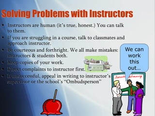 Solving Problems with Instructors
 Instructors are human (it’s true, honest.) You can talk
to them.
 If you are struggling in a course, talk to classmates and
approach instructor.
 Be courteous and forthright. We all make mistakes:
instructors & students both.
 Keep copies of your work.
 Direct complaints to instructor first.
 If unsuccessful, appeal in writing to instructor’s
supervisor or the school’s “Ombudsperson”
We can
work
this
out…
 