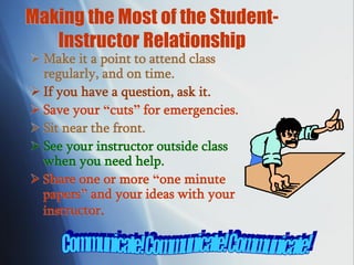 Making the Most of the Student-
Instructor Relationship
 Make it a point to attend class
regularly, and on time.
 If you have a question, ask it.
 Save your “cuts” for emergencies.
 Sit near the front.
 See your instructor outside class
when you need help.
 Share one or more “one minute
papers” and your ideas with your
instructor.
 