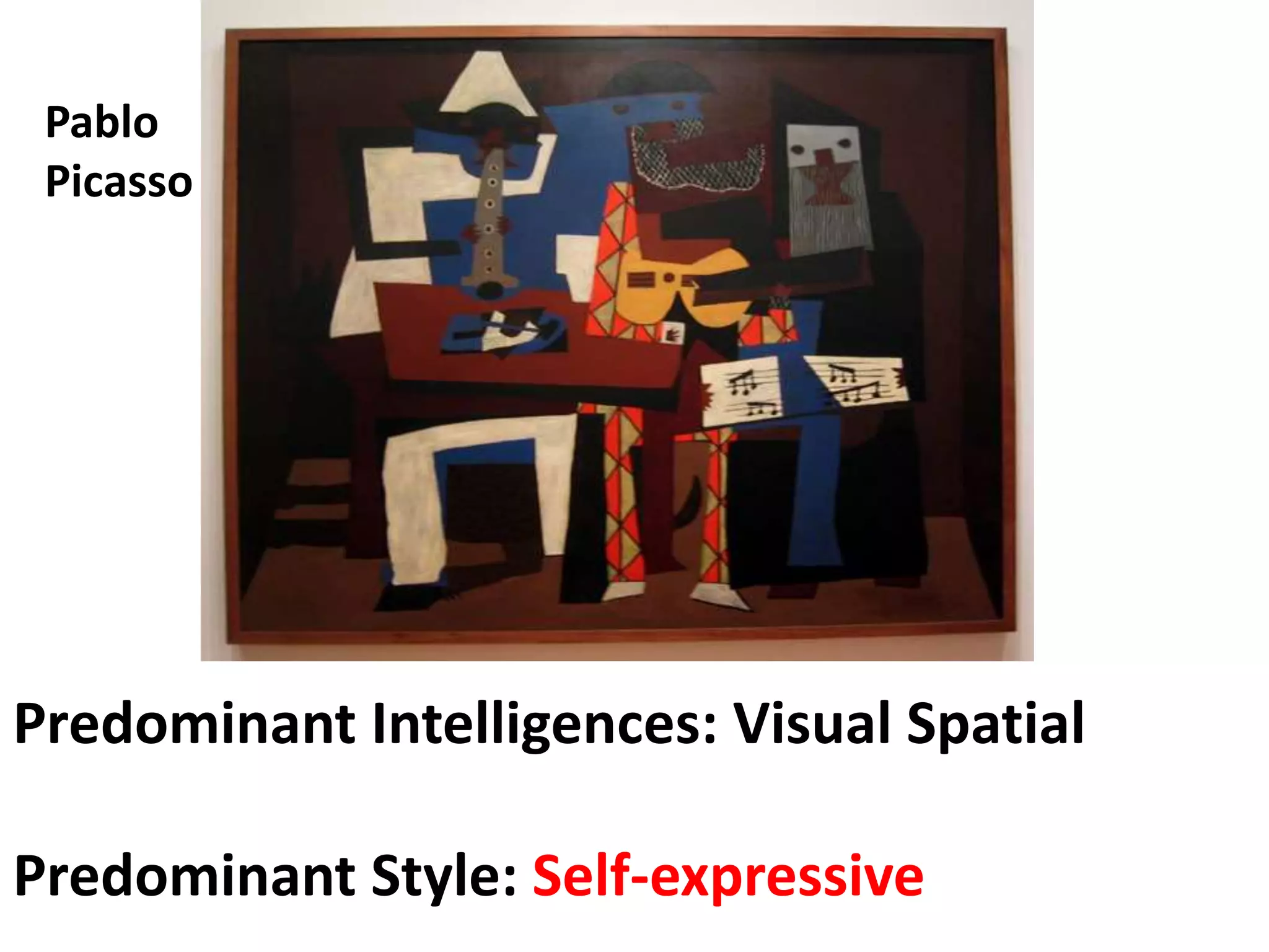 Predominant Intelligences: Visual Spatial
Predominant Style: Self-expressive
Pablo
Picasso
 