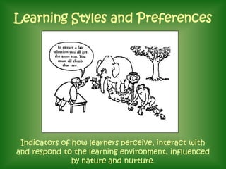 Learning Styles and Preferences




 Indicators of how learners perceive, interact with
and respond to the learning environment, influenced
               by nature and nurture.
 