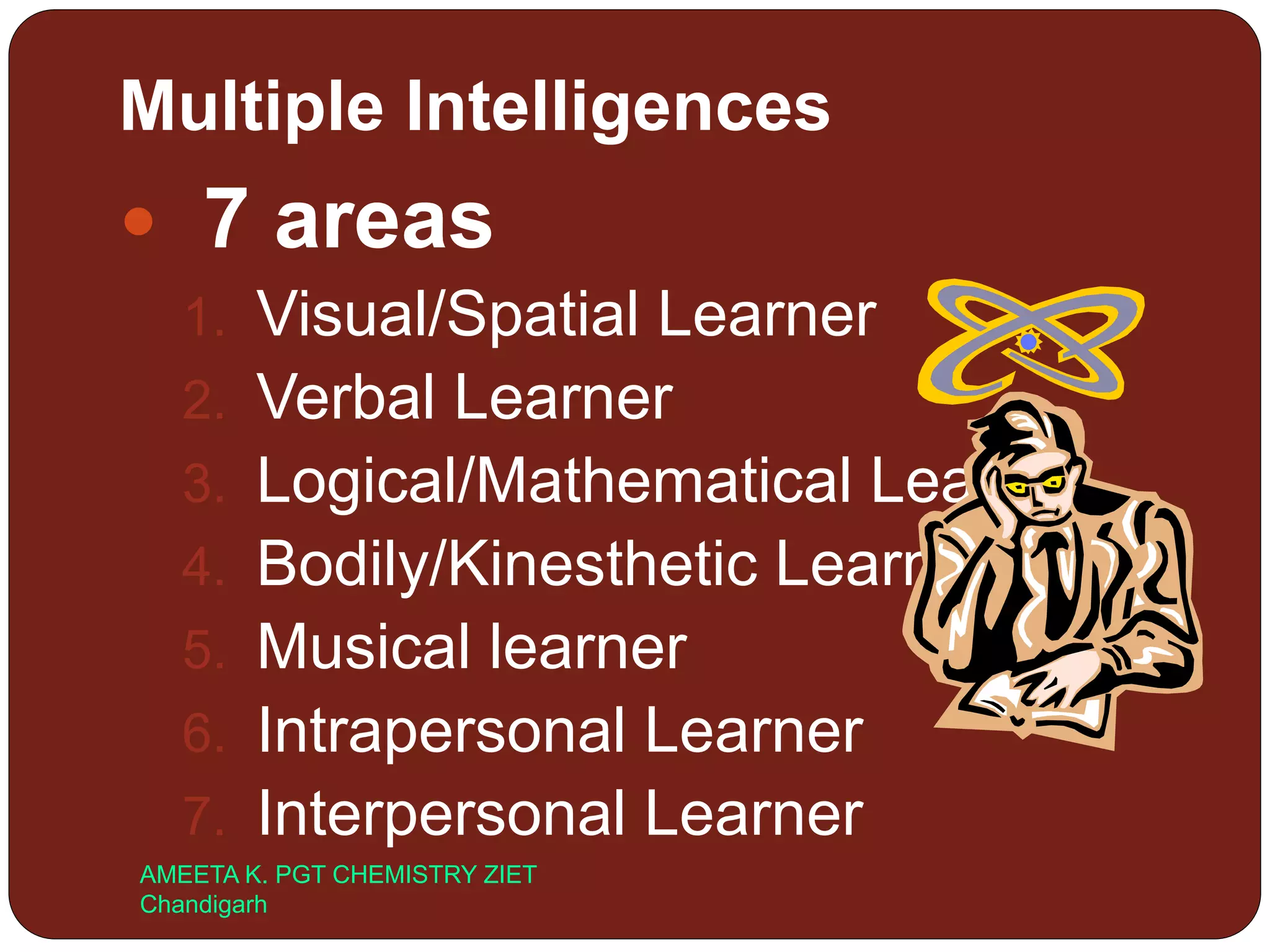 Multiple Intelligences
 7 areas
1. Visual/Spatial Learner
2. Verbal Learner
3. Logical/Mathematical Learner
4. Bodily/Kinesthetic Learner
5. Musical learner
6. Intrapersonal Learner
7. Interpersonal Learner
AMEETA K. PGT CHEMISTRY ZIET
Chandigarh
 