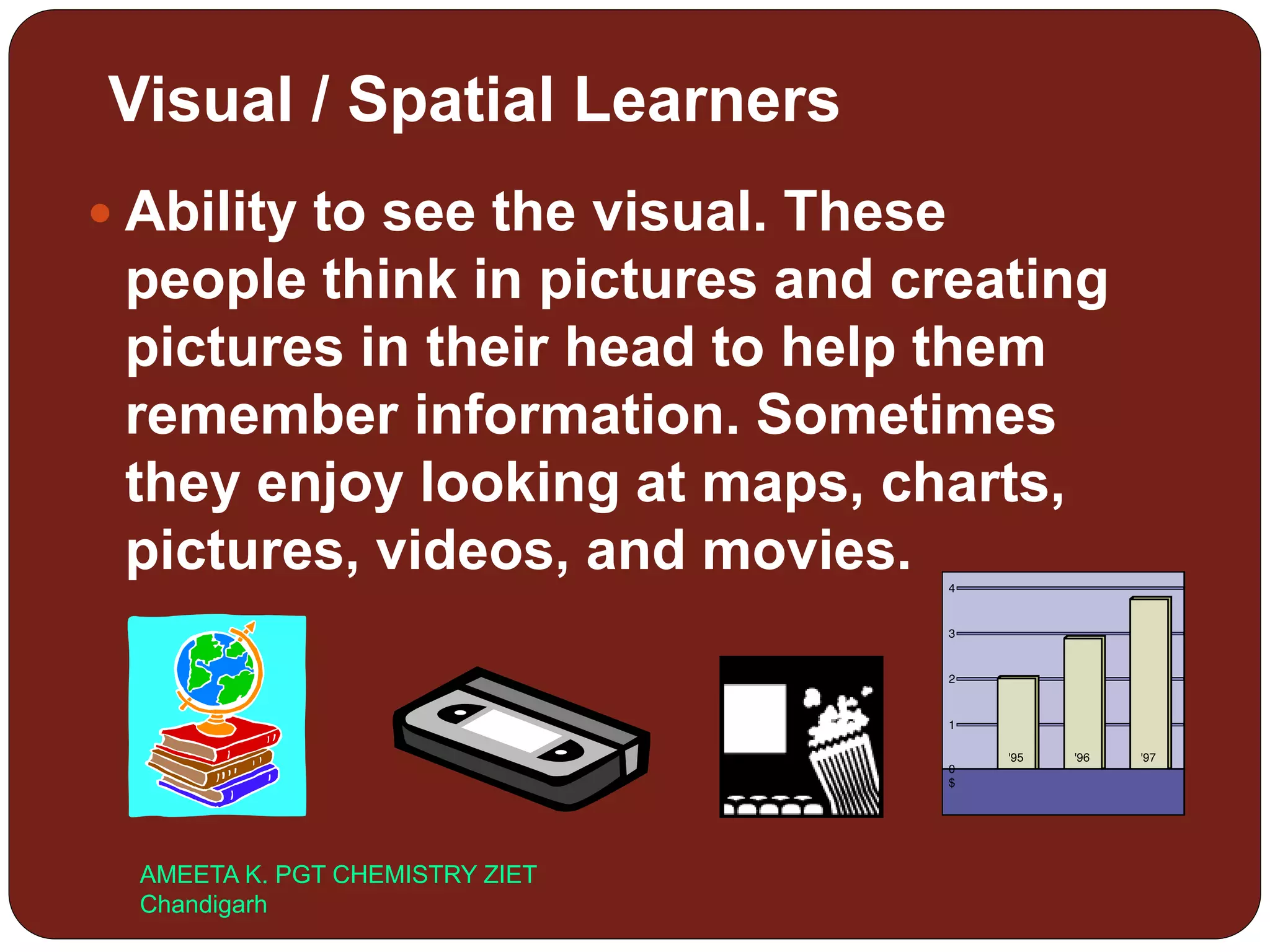 Visual / Spatial Learners
 Ability to see the visual. These
people think in pictures and creating
pictures in their head to help them
remember information. Sometimes
they enjoy looking at maps, charts,
pictures, videos, and movies.
AMEETA K. PGT CHEMISTRY ZIET
Chandigarh
 