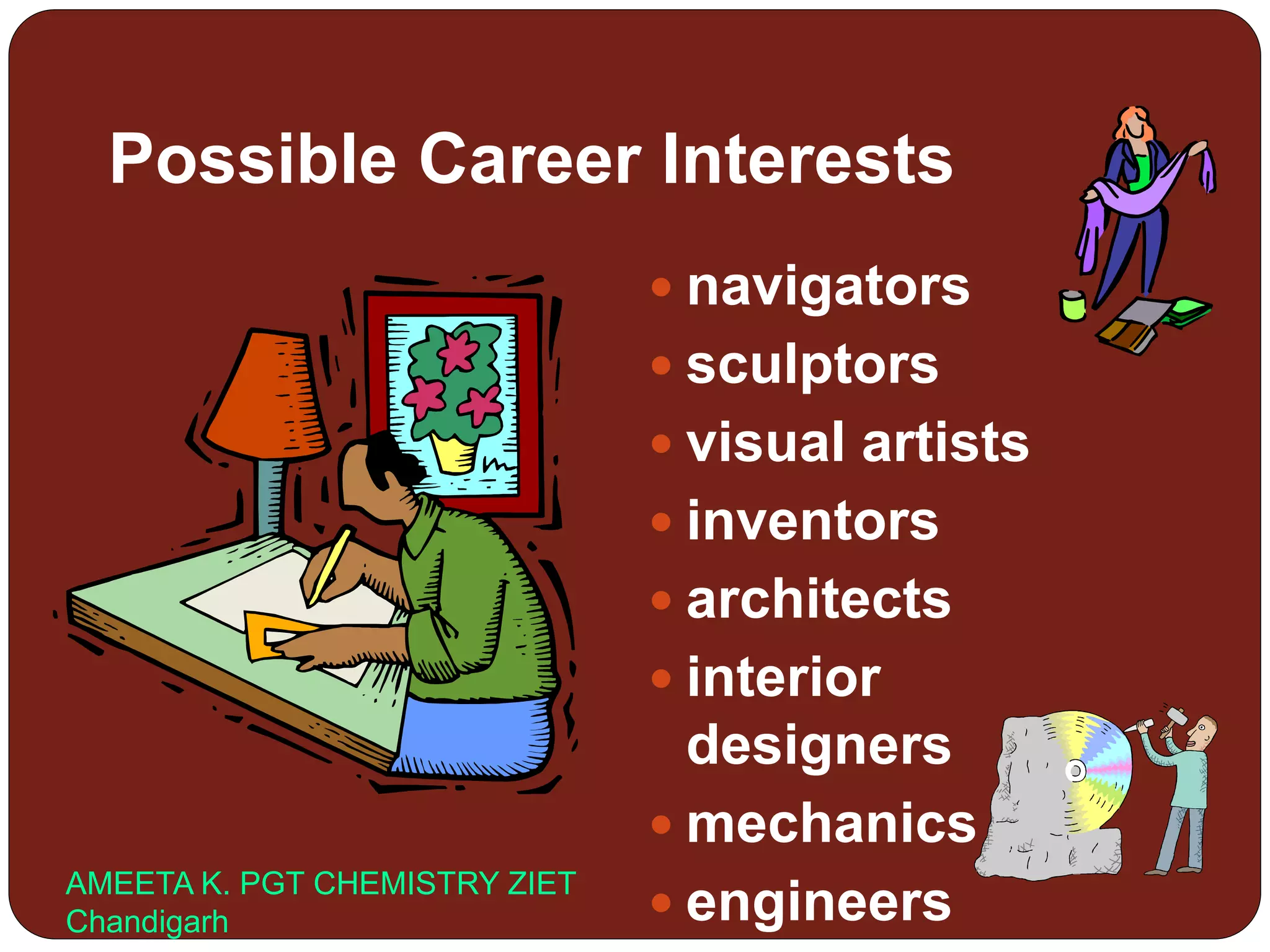 Possible Career Interests
 navigators
 sculptors
 visual artists
 inventors
 architects
 interior
designers
 mechanics
 engineersAMEETA K. PGT CHEMISTRY ZIET
Chandigarh
 