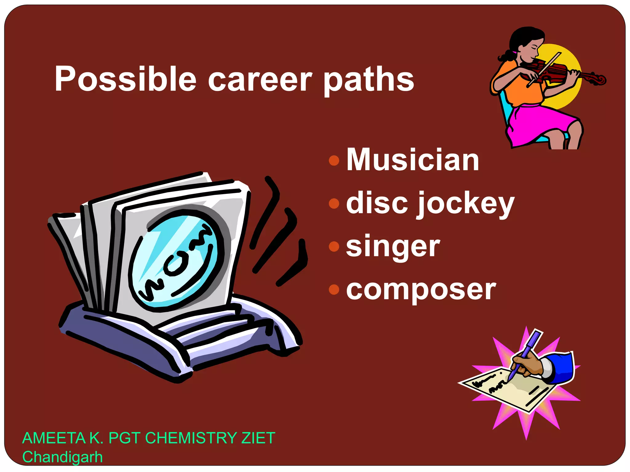 Possible career paths
 Musician
 disc jockey
 singer
 composer
AMEETA K. PGT CHEMISTRY ZIET
Chandigarh
 