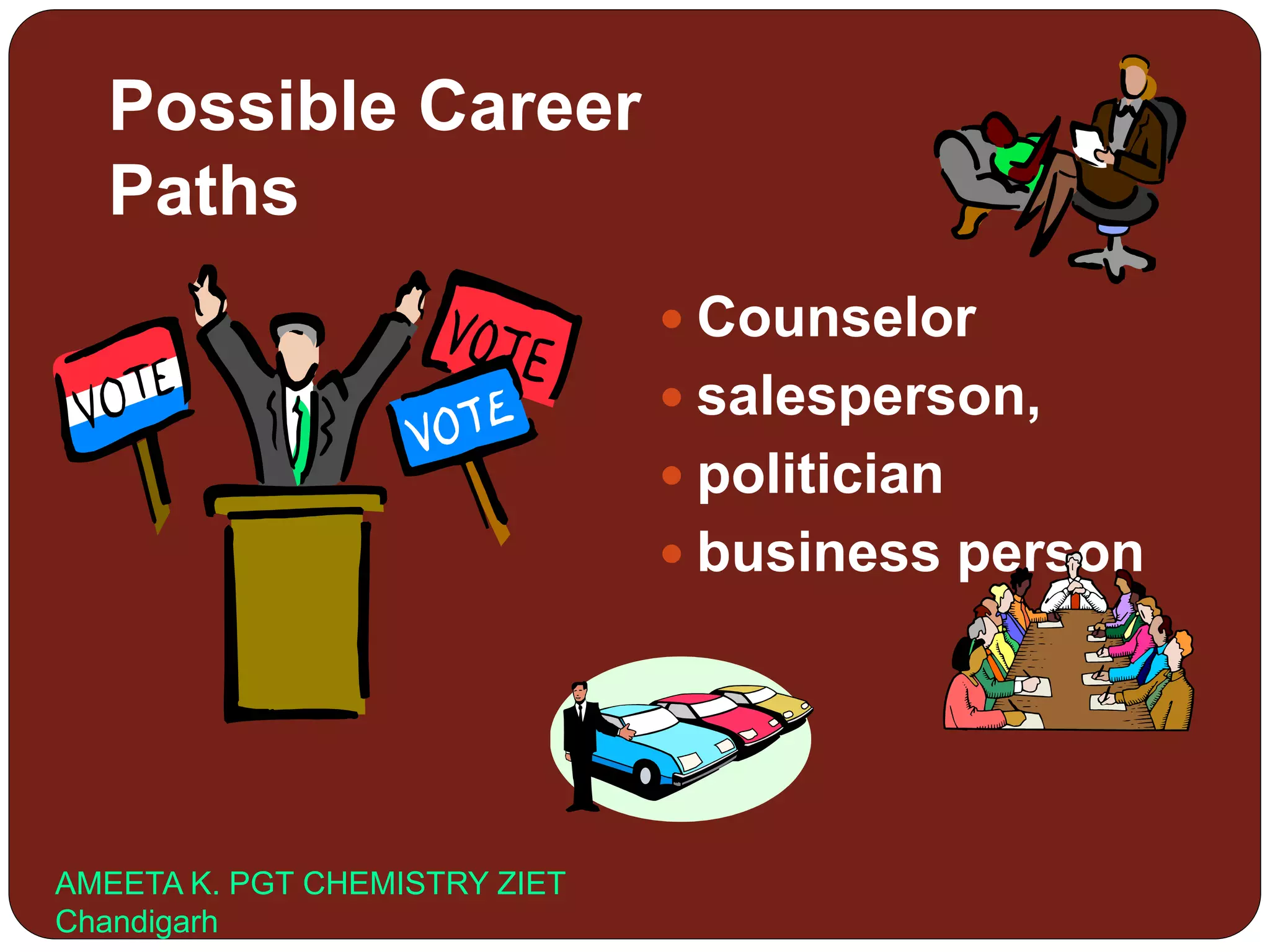 Possible Career
Paths
 Counselor
 salesperson,
 politician
 business person
AMEETA K. PGT CHEMISTRY ZIET
Chandigarh
 