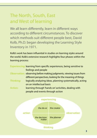 The North, South, East
and West of learning
We all learn differently, learn in different ways
according to different circumstances. To discover
which methods suit different people best, David
Kolb, Ph.D. began developing the Learning Style
Inventory in 1971.
Kolb’s work has been influential in studies on learning styles around
the world. Kolb’s extensive research highlights four phases within the
learning process:

Experiencing:	earning from specific experiences, being sensitive to
              l
              feelings and people
Observation: 	 bserving before making judgments, viewing issues from
              o
              different perspectives, looking for the meaning of things
Thinking: 	logically analyzing ideas, planning systematically, acting
              on an intellectual basis
Action: 	learning through ‘hands on’ activities, dealing with
              people and events through action


                             experiencing


                          the do-er   the creator

            action                                  observation
                       the decision   the planner
                             maker


                               thinking
                                                                         3
 