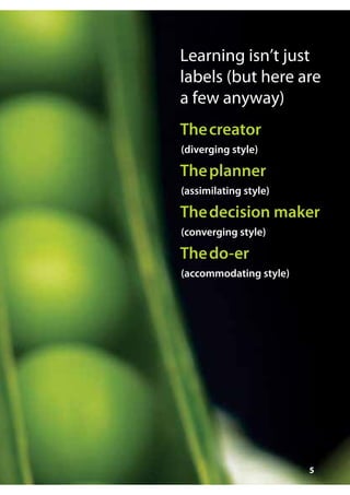 Learning isn’t just
labels (but here are
a few anyway)
The creator
(diverging style)

The planner
(assimilating style)

The decision maker
(converging style)

The do-er
(accommodating style)




                        5
 