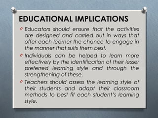 EDUCATIONAL IMPLICATIONSEDUCATIONAL IMPLICATIONS
O Educators should ensure that the activities
are designed and carried out in ways that
offer each learner the chance to engage in
the manner that suits them best.
O Individuals can be helped to learn more
effectively by the identification of their lesser
preferred learning style and through the
strengthening of these.
O Teachers should assess the learning style of
their students and adapt their classroom
methods to best fit each student’s learning
style.
 