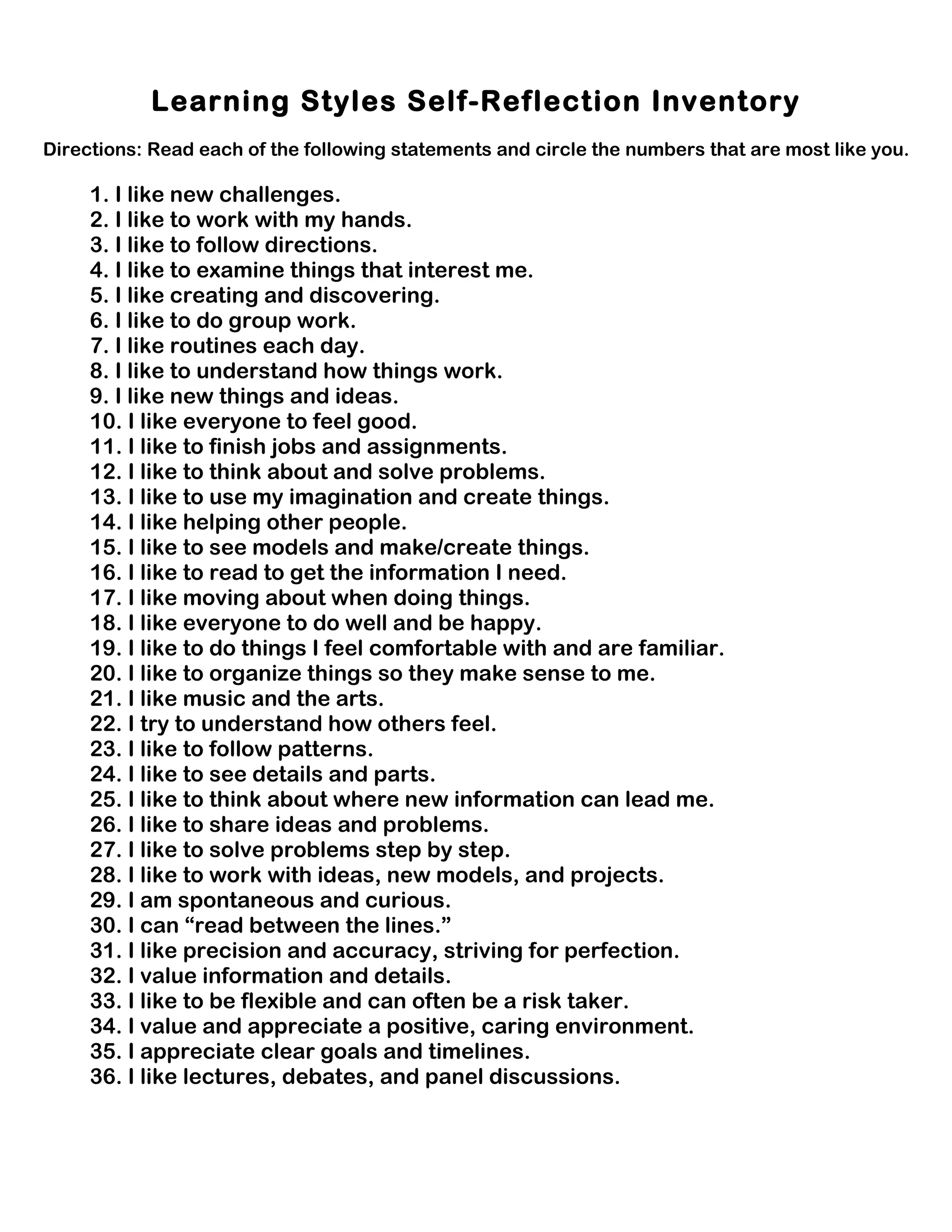 Learning Styles Self-Reflection Inventory
Directions: Read each of the following statements and circle the numbers that are most like you.

     1. I like new challenges.
     2. I like to work with my hands.
     3. I like to follow directions.
     4. I like to examine things that interest me.
     5. I like creating and discovering.
     6. I like to do group work.
     7. I like routines each day.
     8. I like to understand how things work.
     9. I like new things and ideas.
     10. I like everyone to feel good.
     11. I like to finish jobs and assignments.
     12. I like to think about and solve problems.
     13. I like to use my imagination and create things.
     14. I like helping other people.
     15. I like to see models and make/create things.
     16. I like to read to get the information I need.
     17. I like moving about when doing things.
     18. I like everyone to do well and be happy.
     19. I like to do things I feel comfortable with and are familiar.
     20. I like to organize things so they make sense to me.
     21. I like music and the arts.
     22. I try to understand how others feel.
     23. I like to follow patterns.
     24. I like to see details and parts.
     25. I like to think about where new information can lead me.
     26. I like to share ideas and problems.
     27. I like to solve problems step by step.
     28. I like to work with ideas, new models, and projects.
     29. I am spontaneous and curious.
     30. I can “read between the lines.”
     31. I like precision and accuracy, striving for perfection.
     32. I value information and details.
     33. I like to be flexible and can often be a risk taker.
     34. I value and appreciate a positive, caring environment.
     35. I appreciate clear goals and timelines.
     36. I like lectures, debates, and panel discussions.
 