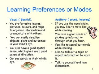 1
Learning Preferences or Modes
Visual ( Spatial).
• You prefer using images,
pictures, colours, and maps
to organise information and
communicate with others.
• You can easily visualise
objects, plans and outcomes
in your mind’s eye.
• You also have a good spatial
sense, which gives you a good
sense of direction.
• Can see words in their mind’s
eye.
Auditory ( sound, hearing)
• If you use the aural style,
you may like to move lips
while reading.
• You have a good sense of
picking up information
through what you hear.
• You like to sound out words
while spelling.
• Like to talk out a topic or
repeat information to learn
it.
• Talk to yourself and love
discussions.
 