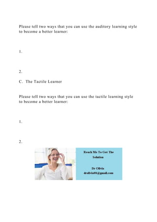 Learning StylesVisual (eye smart)Auditory (ear smart)Tactile (ac.docx
